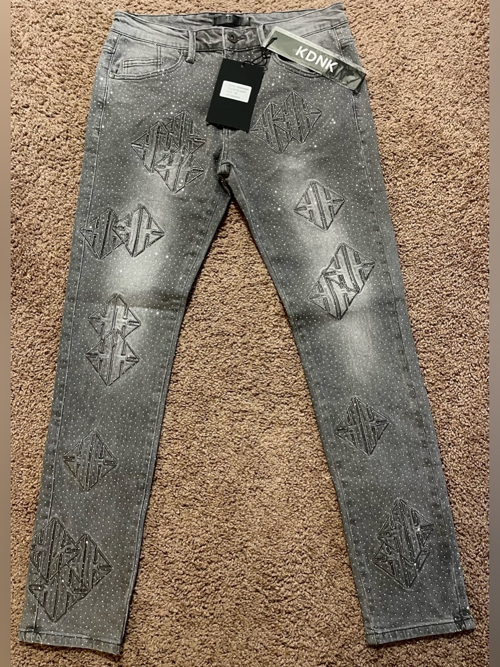 KDNK Men's Skinny Jeans — Gray Embossed Logo Detailing